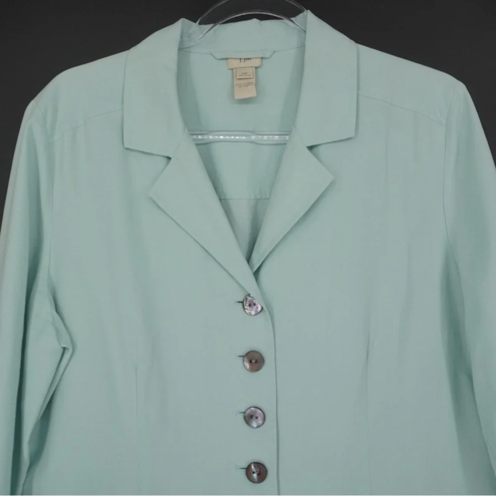 J.Jill‎ Mint Teal Button Up 100% Silk Light Weight Blazer top blouse Size 14P